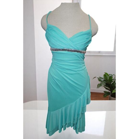 City Triangles Aqua Blue Ruched Dress with Rhinestone Waist – Size M - Picture 1 of 6